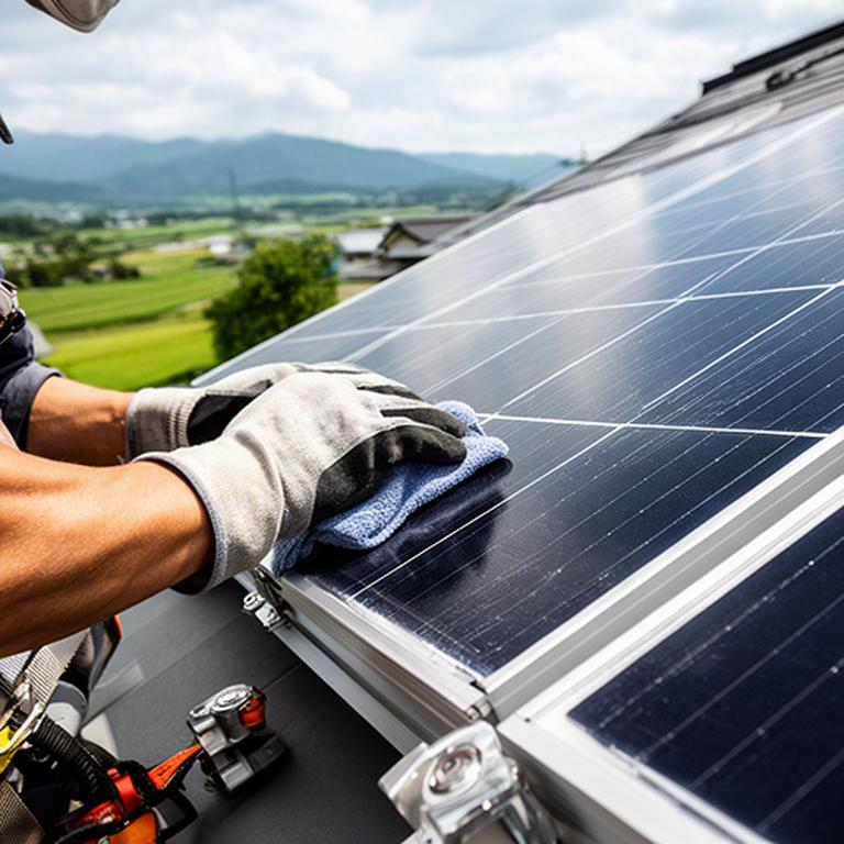 長野県の住宅に設置された太陽光パネルを点検する作業員の手元
