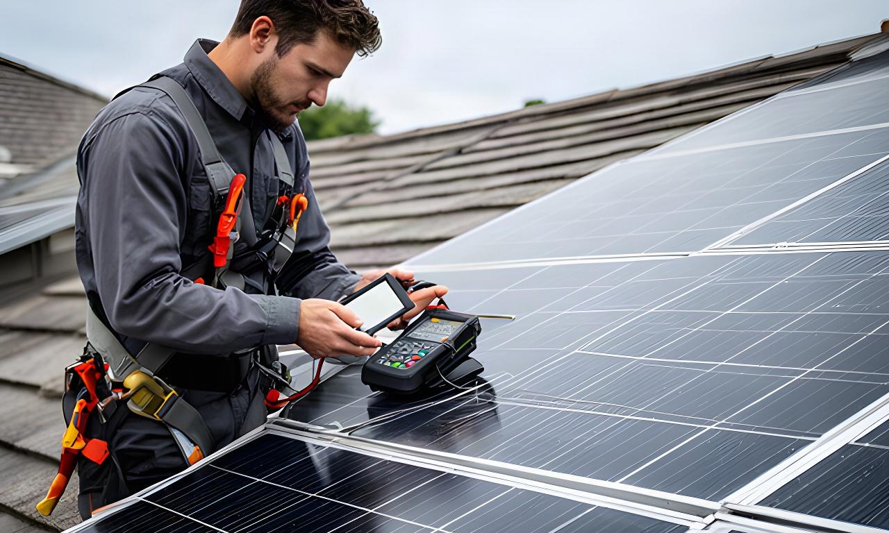 太陽光パネルを点検する作業員と測定機器が置かれた住宅屋根